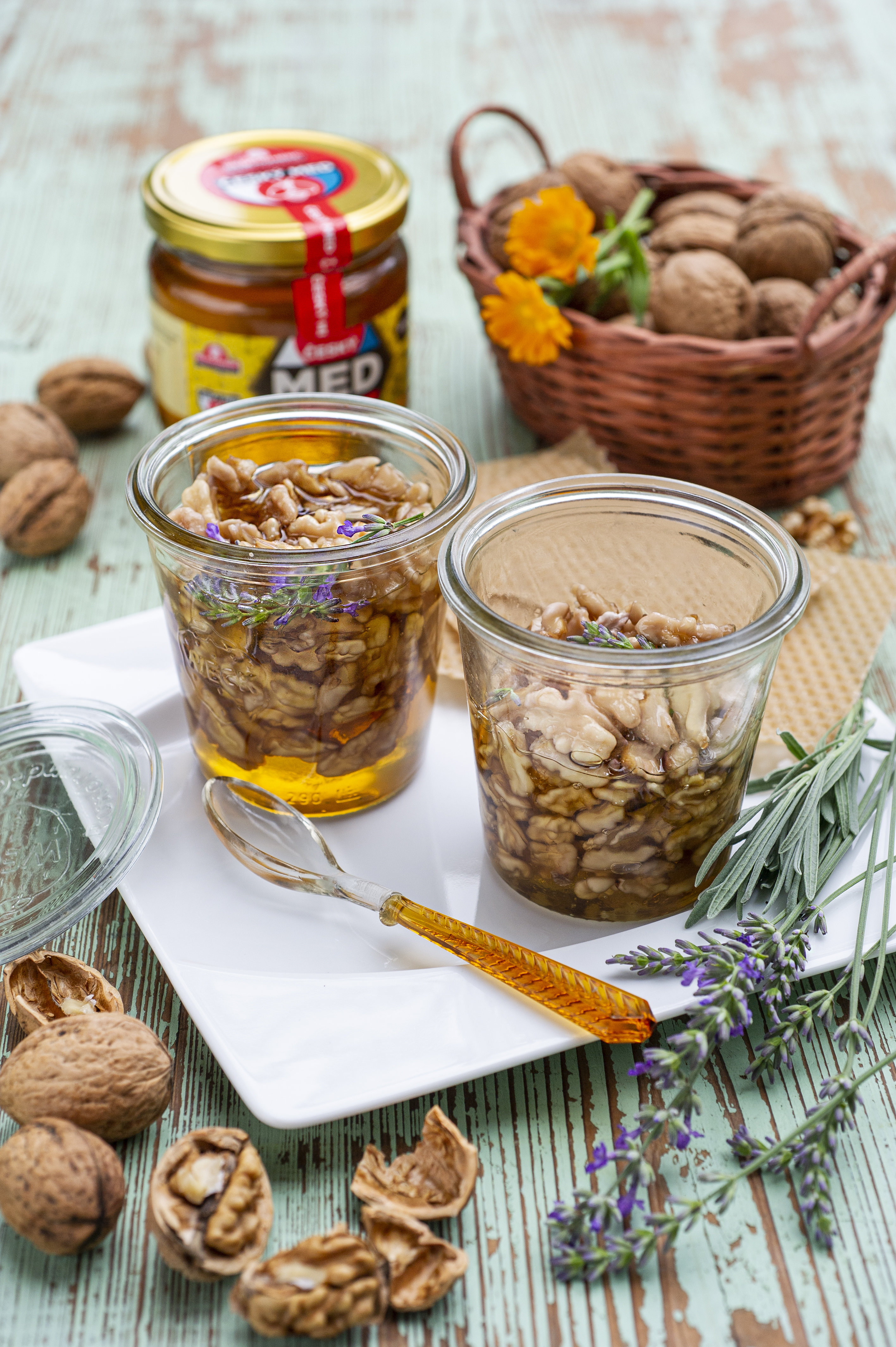 Preserving nuts in honey.