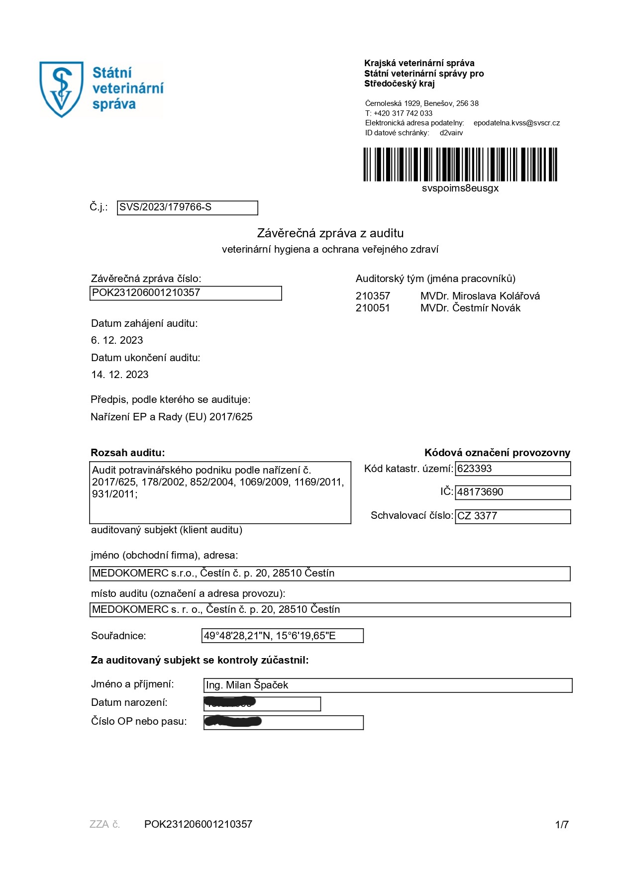 Final report from the audit of veterinary hygiene and public health protection